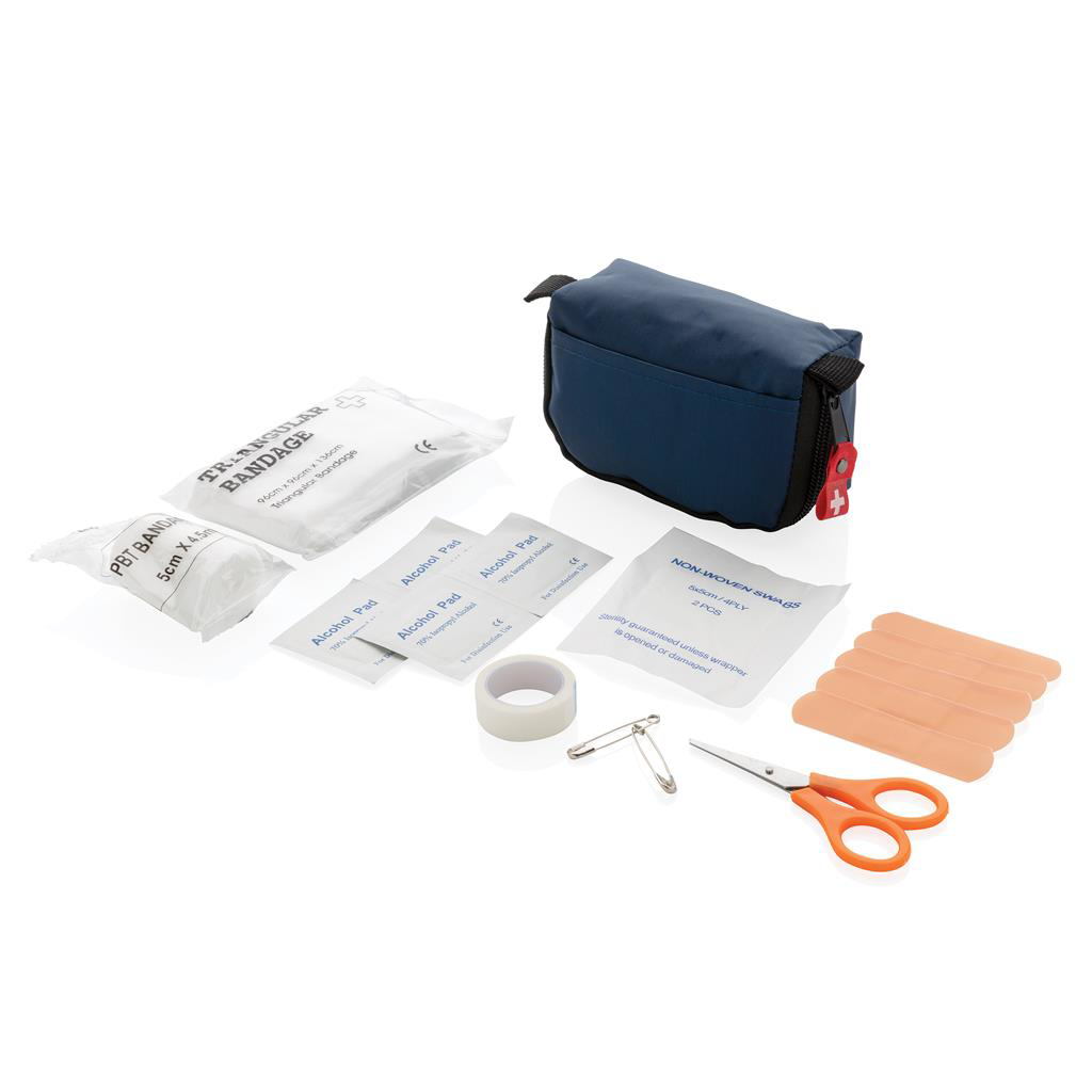 image of first aid kit in blue showing contents