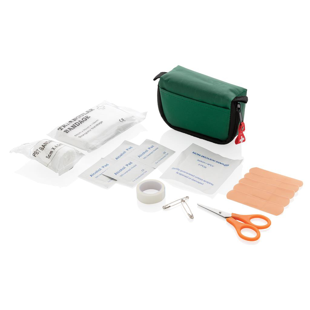 image of first aid kit in green showing contents