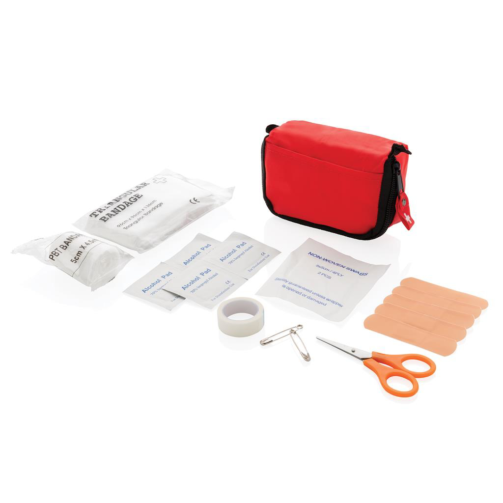 image of first aid kit in red showing contents