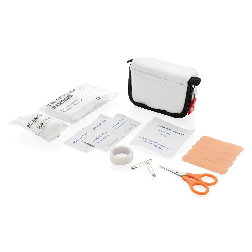 image of first aid kit in white showing contents