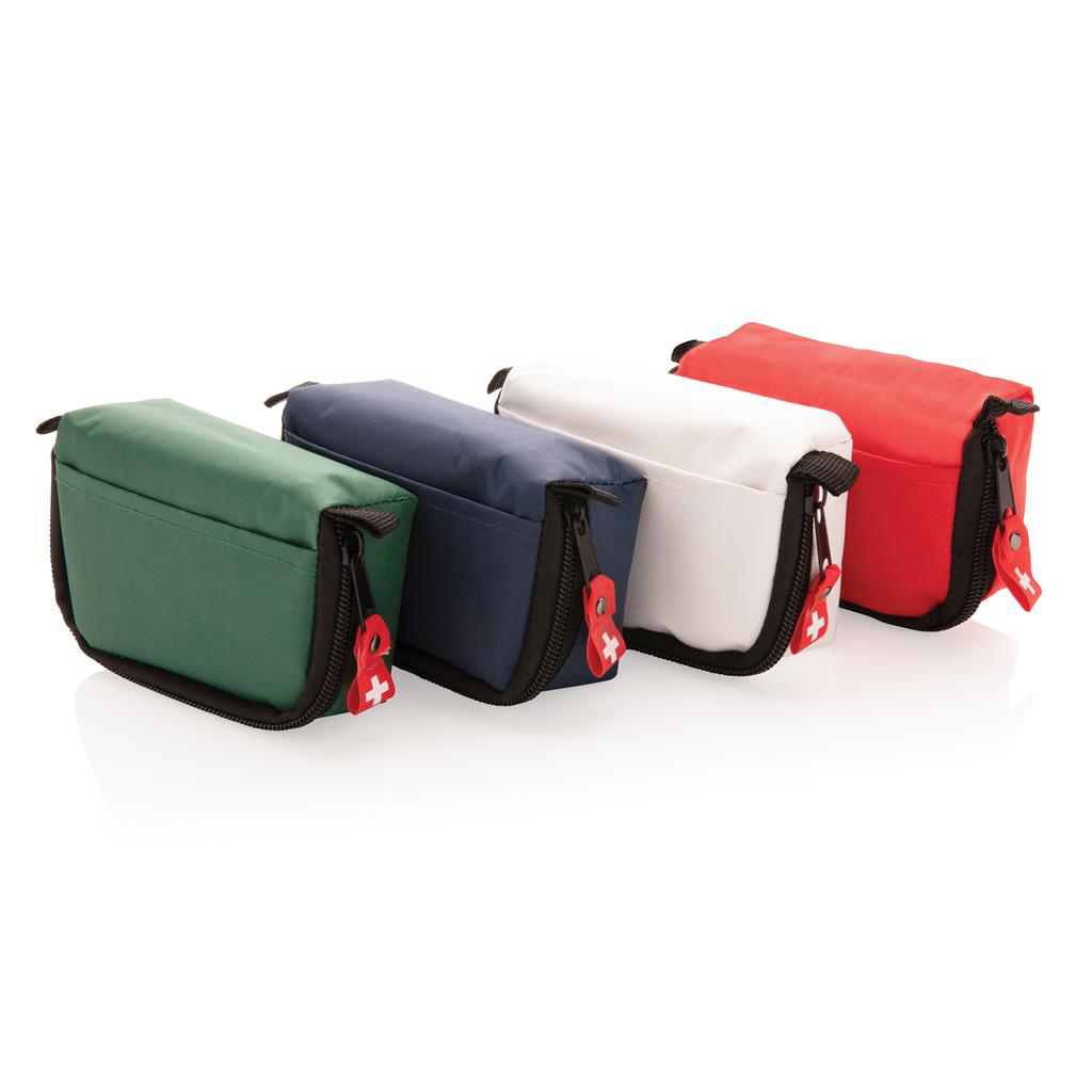 group image of first aid kits, green, blue, white and red