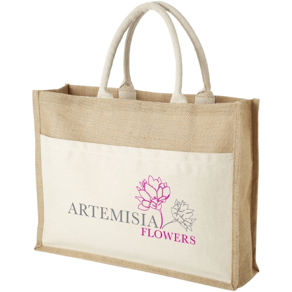 Jute shopper bag with print to the front pocket