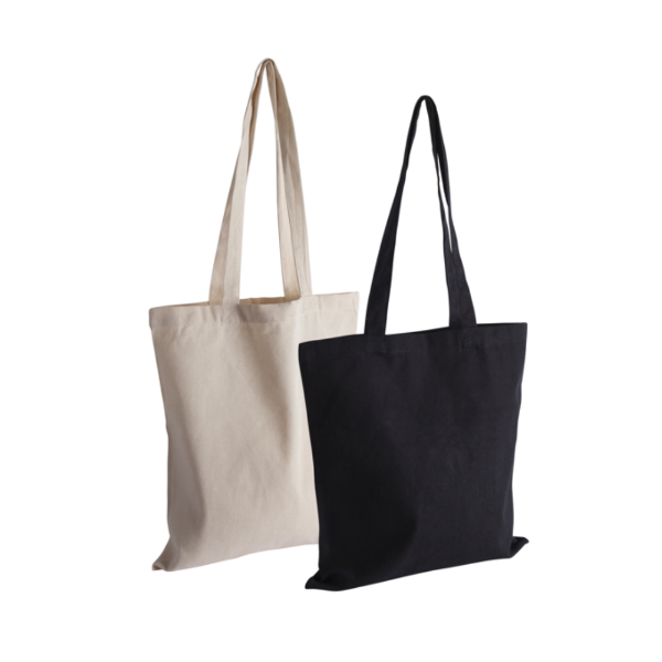 	A natural and a black canvas tote bag side by side