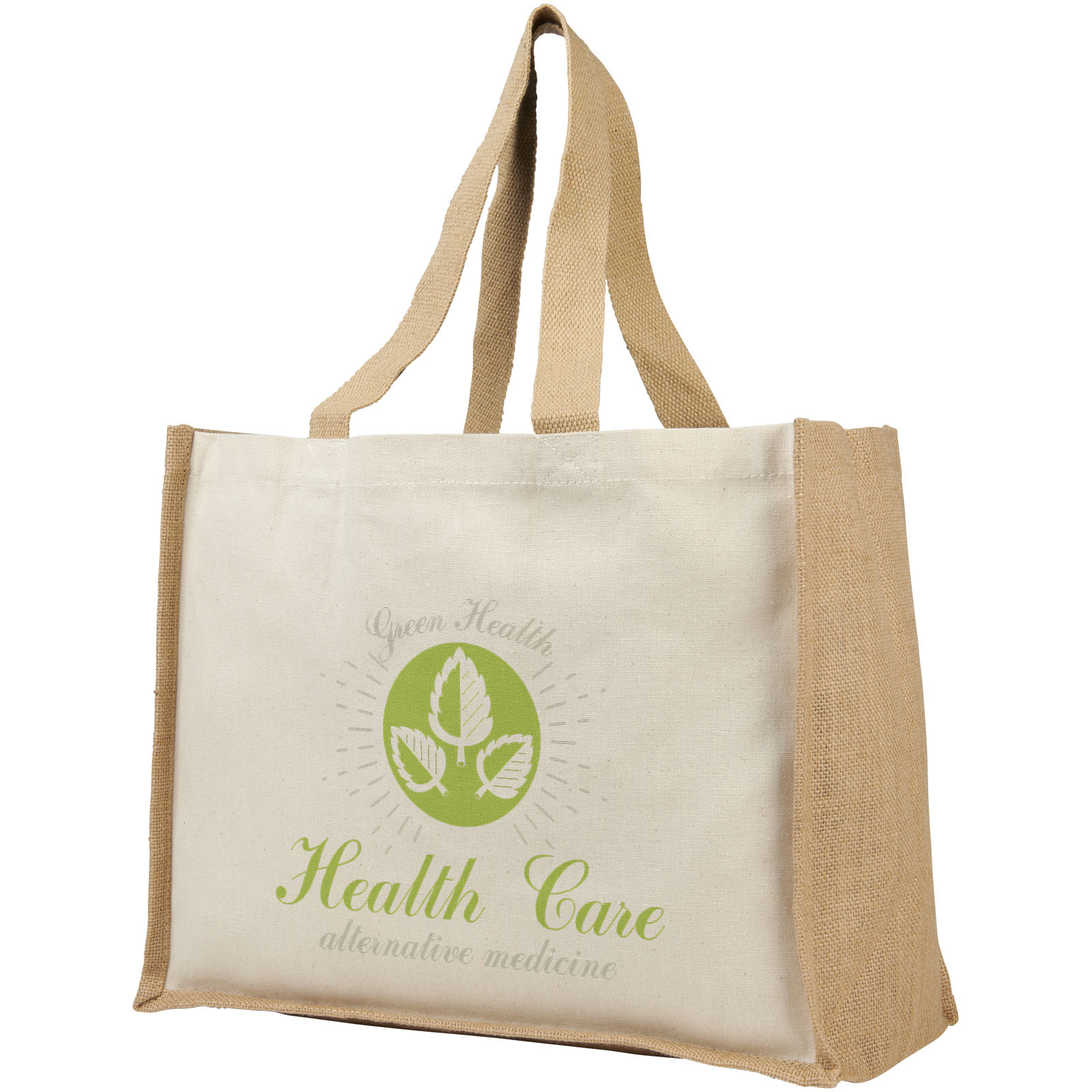 image of a jute shopper with green print to one side of the bag