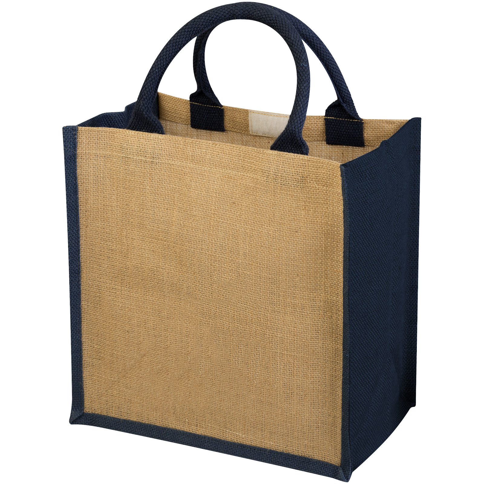 An image of a jute shopper with a blue gusset