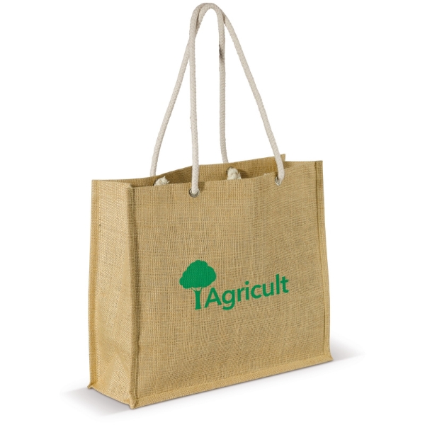 Jute Shopping bag with long rope handles and print to one side