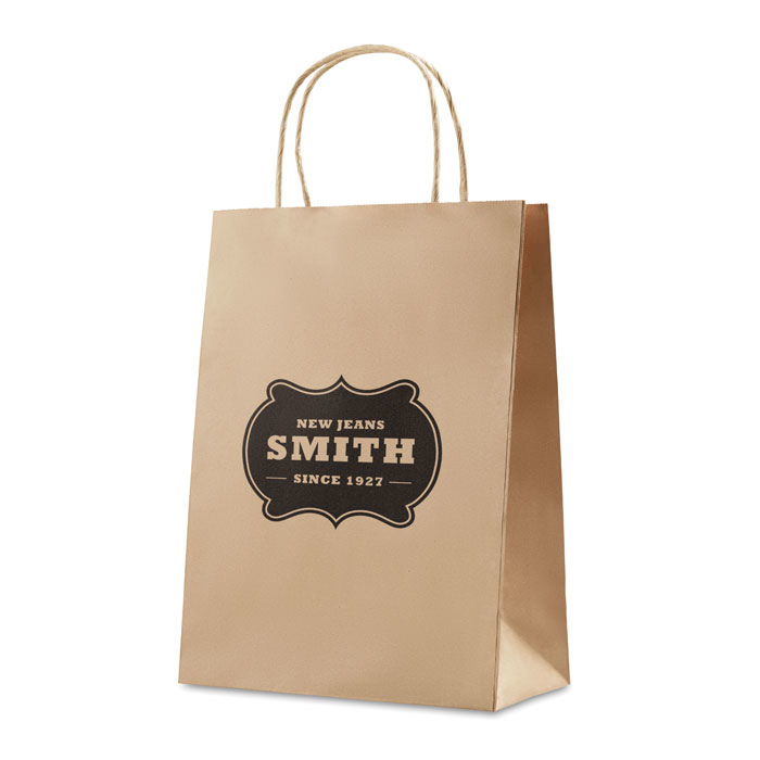 kraft style paper bag with print to one side and twisted rope handles