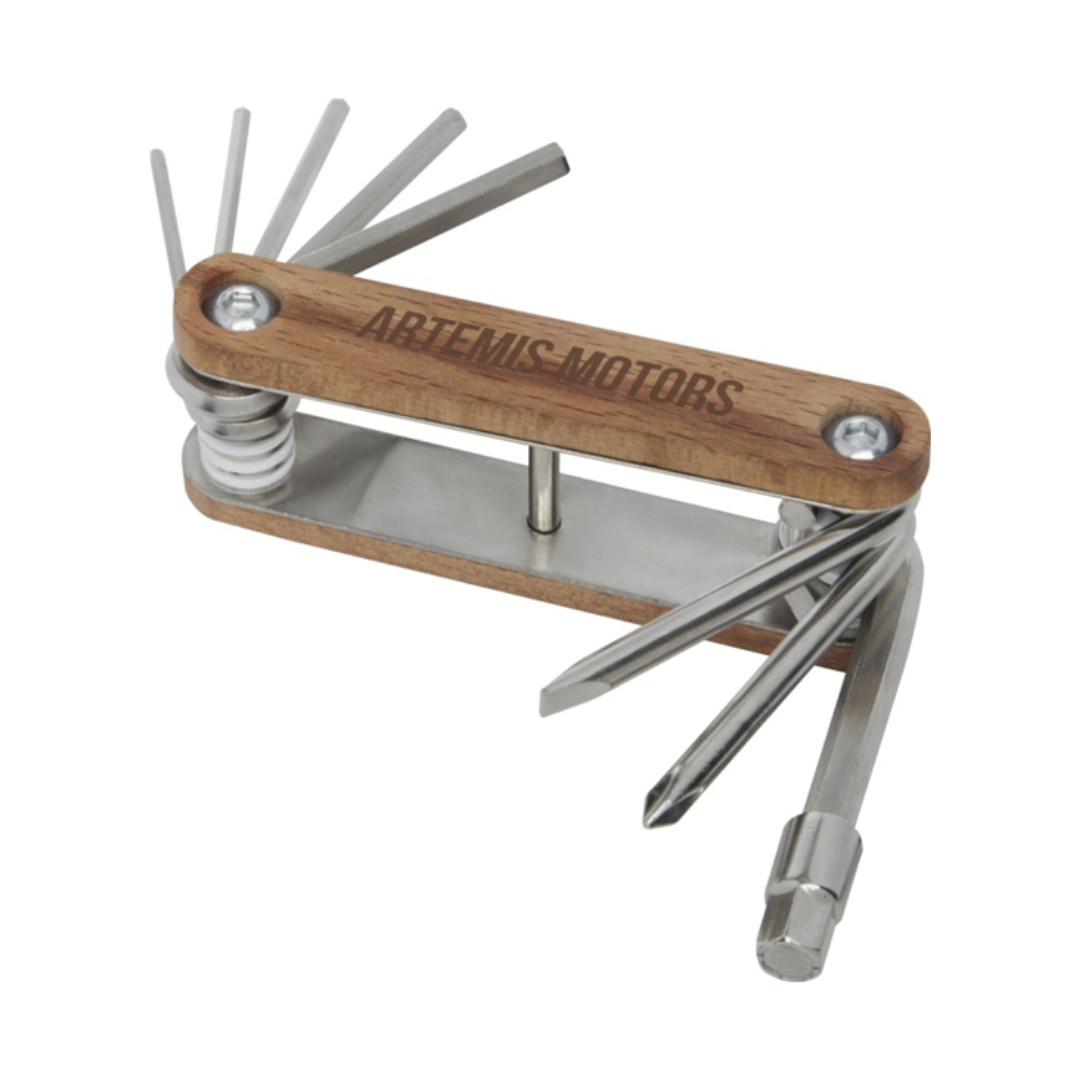 Wooden and metal engraved multifunction bike tool.