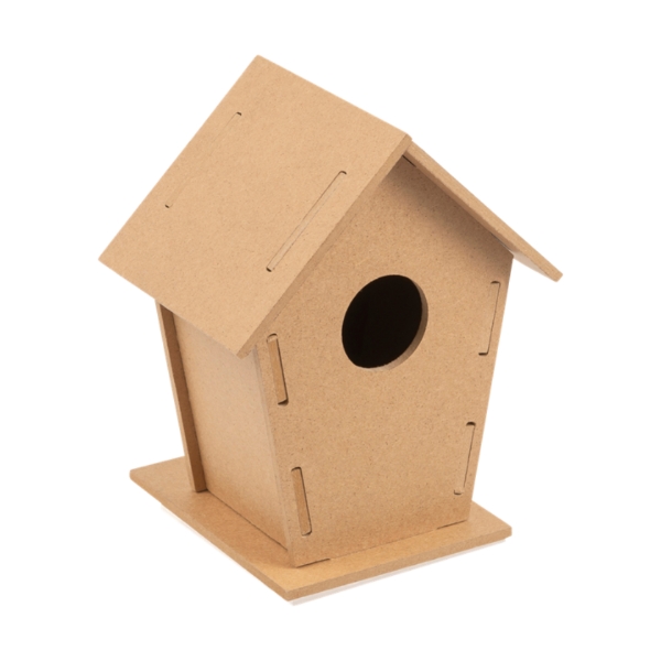 	Light brown birdhouse kit that has been assembled. It has a triangle roof and a hole in the front for the birds to enter