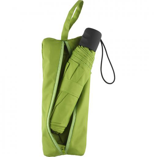 image of a folding umbrella in green being put into a case