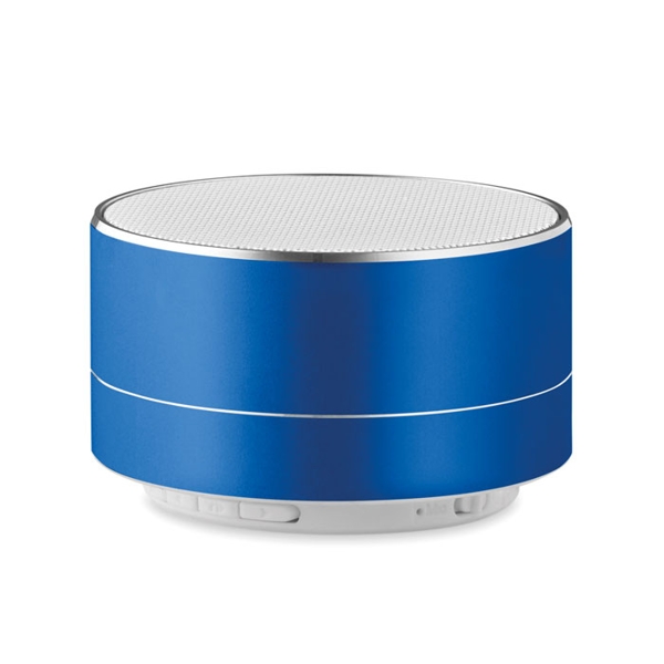 	a blue metallic bluetooth speaker