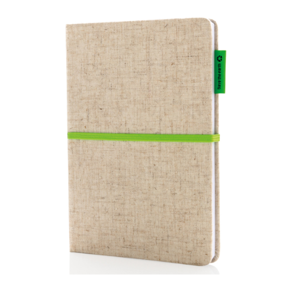 	A5 Cotton Notebook in natural with green ribbon, elastic closure strap and label