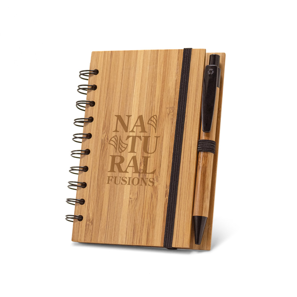 Bamboo note pad with black wire bound, elastic closure strap and bamboo/black pen