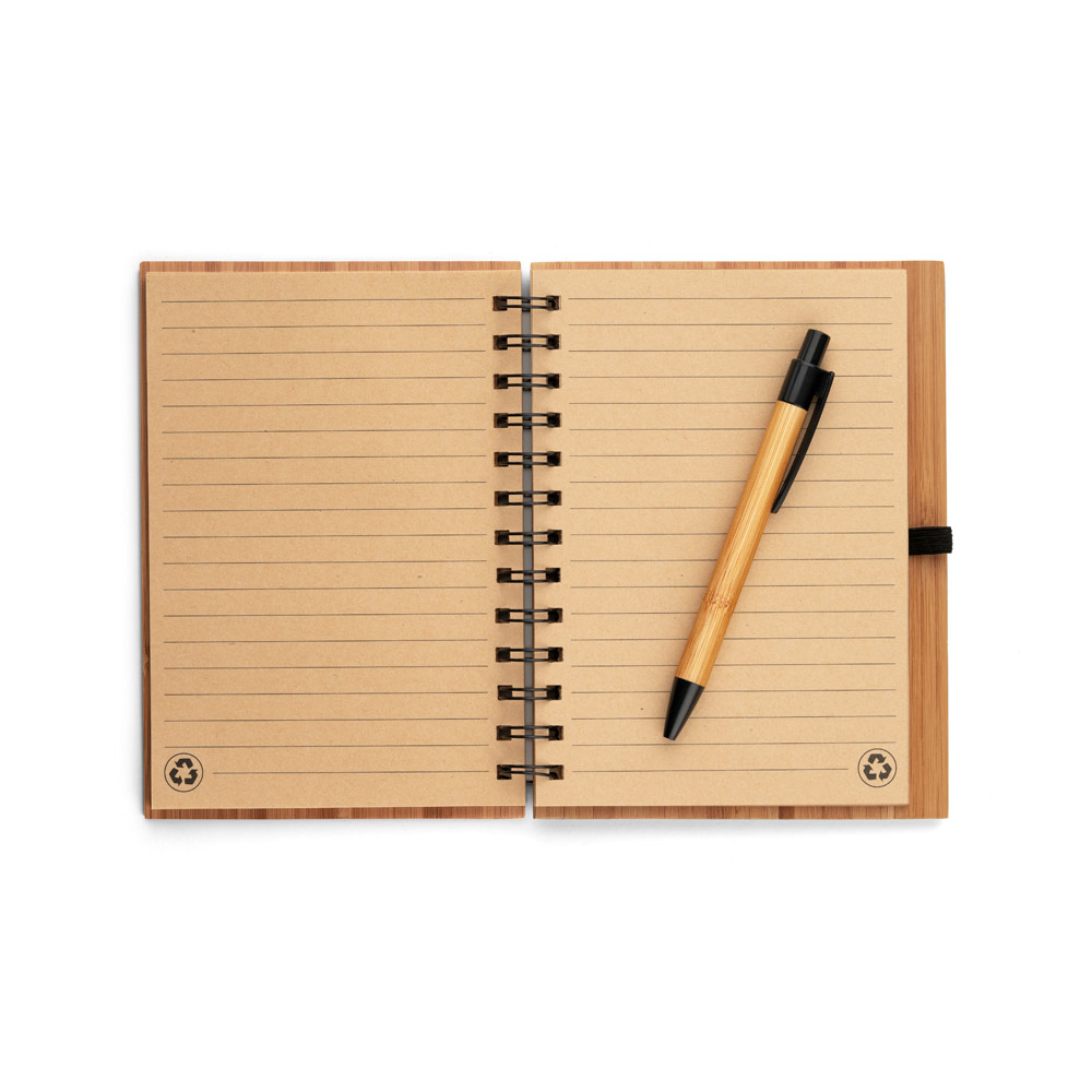 Bamboo note pad with black wire bound, elastic closure strap and bamboo/black pen