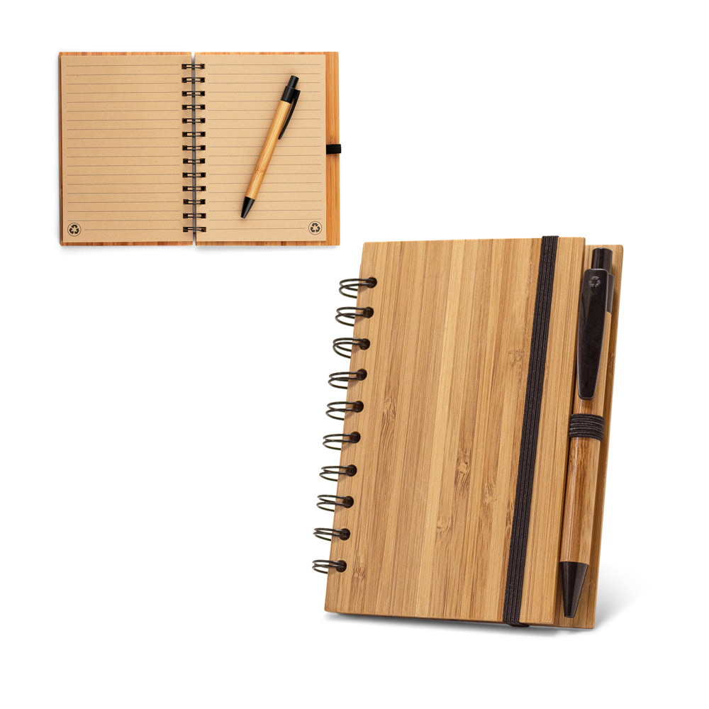 Bamboo note pad with black wire bound, elastic closure strap and bamboo/black pen