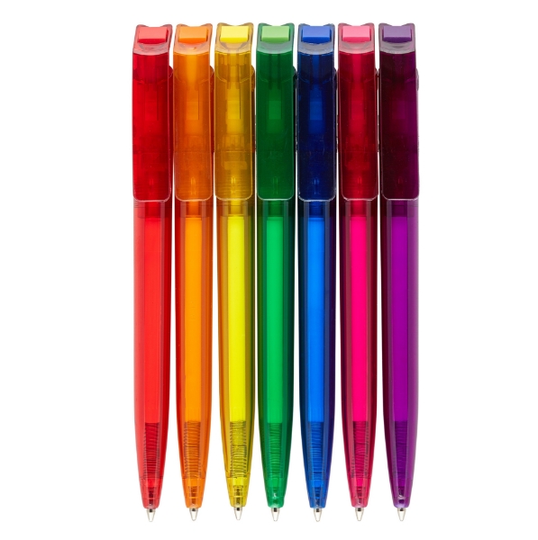 Colourful pens made from recycled plastic bottles