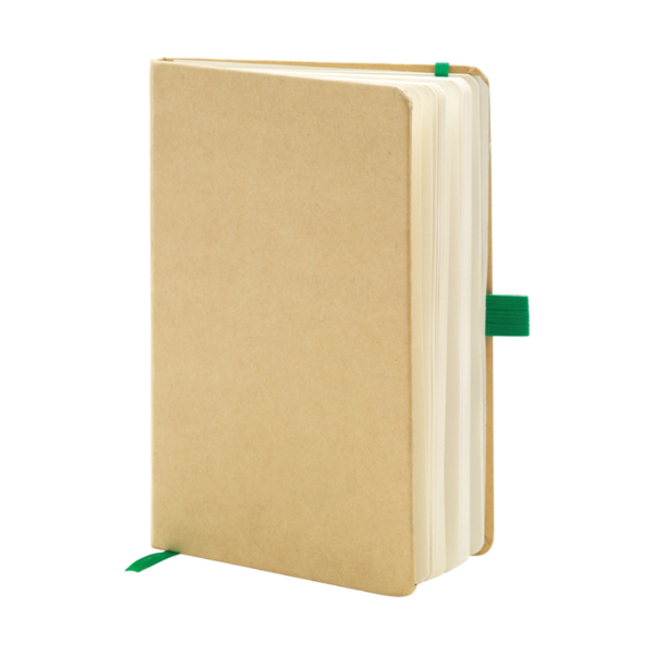 	kraft notebook with green loop and ribbon