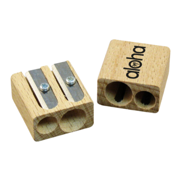 Sustainable double pencil sharpener made of wood with 1 colour print logo