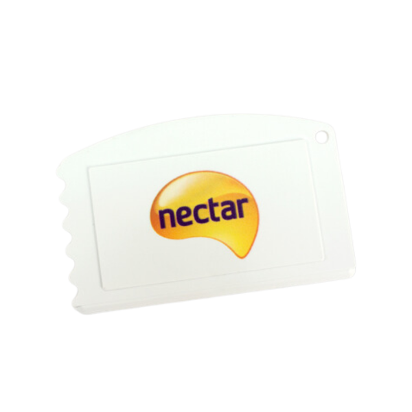 Recycled Credit Card Ice Scraper in white with full colour print logo