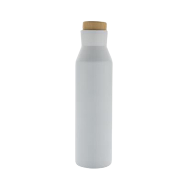 white stainless steel water bottle with a light brown lid