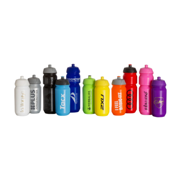 	sports bottles lined up in various colour and sizes