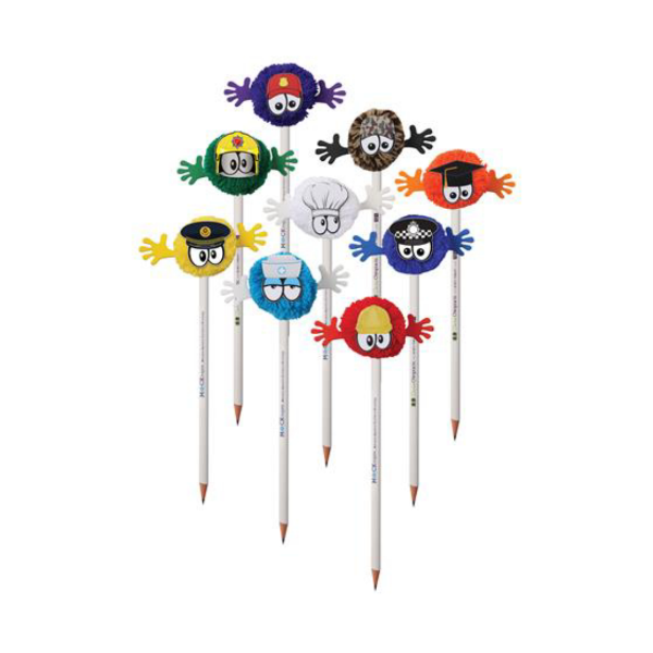 	Pencils with mophead toppers in various designs