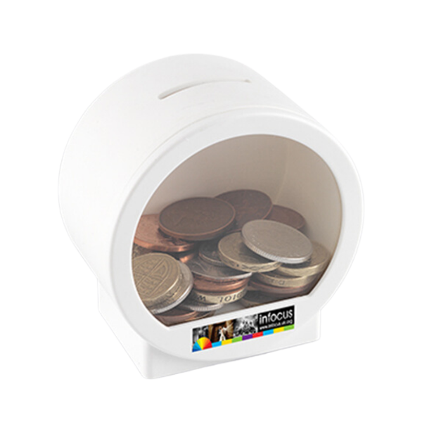 	White money box with clear window on the front and full colour branding panel below