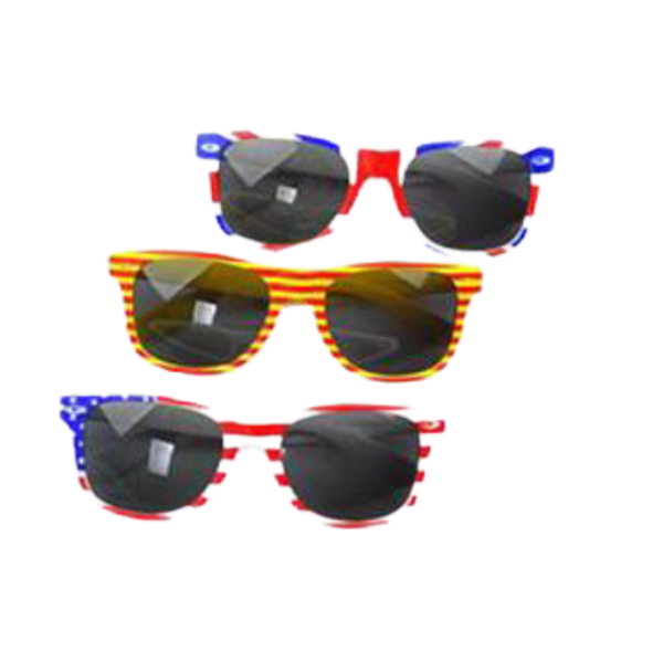 	three pairs of bespoke sunglasses with the american and british flag designs all over