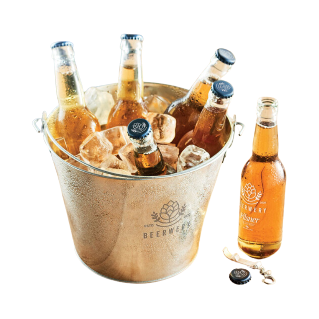 	Beer bucket with bottle opener with beers in bucket