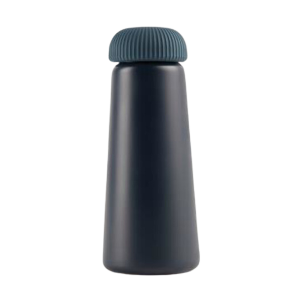 	Navy cone shaped steel vacuum bottle with a grip handle