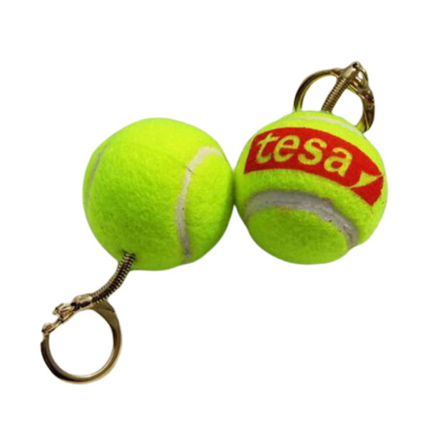 	a small yellow tennis ball keyring with a red logo