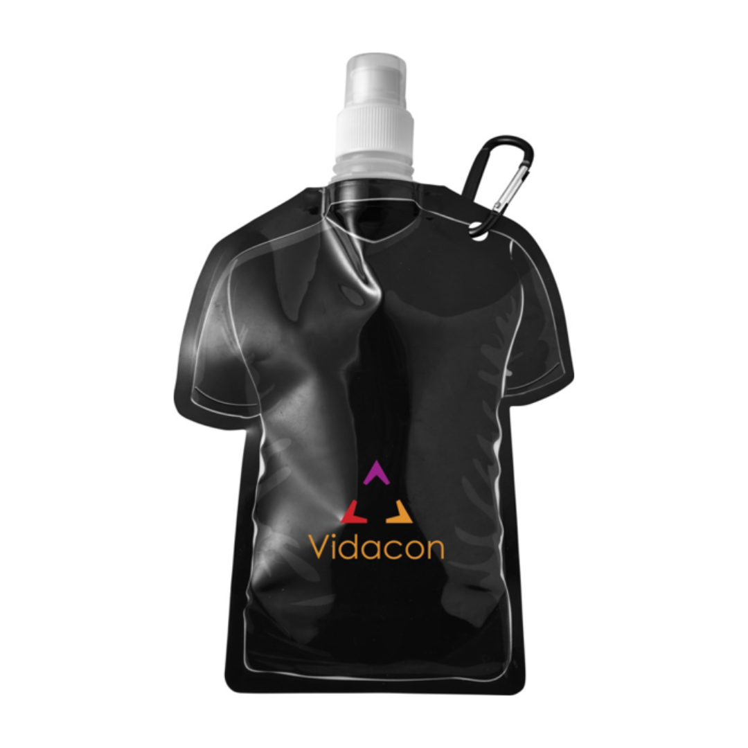 black water bottle in the shape of a football shirt in black