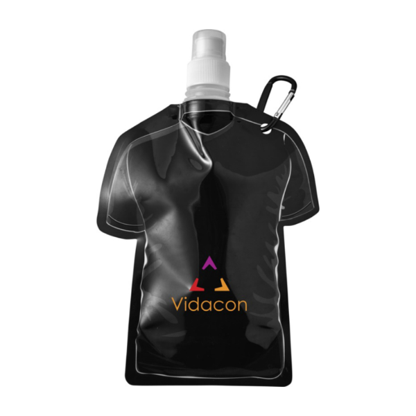 black water bottle in the shape of a football shirt in black