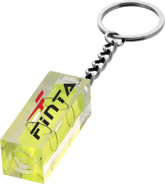 	a small spirit level on a metal keychain with red and black branding to one side