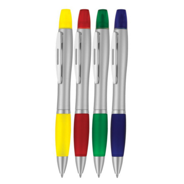 Dual function pen with silver body in a range of grip colours