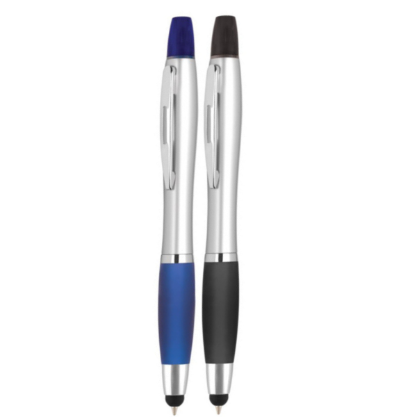 A ballpoint pen with a stylus on the end in blue or black.
