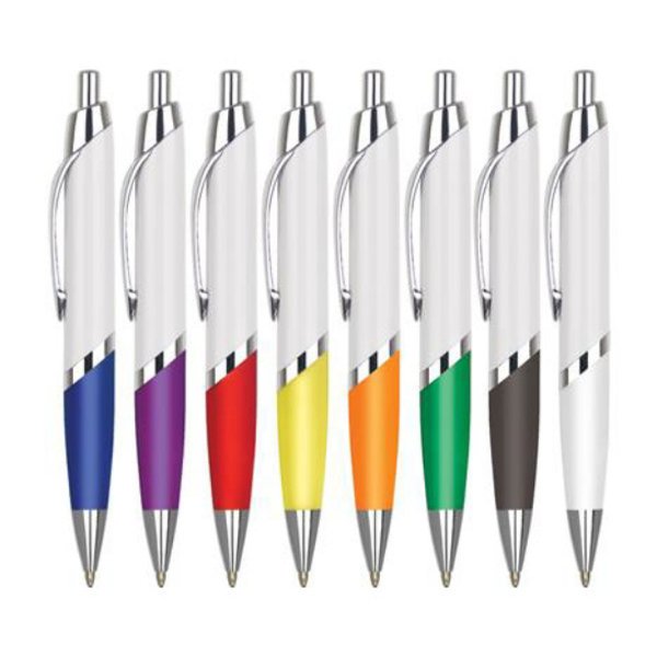 Large plastic pen with white body and a selection of different grip colours