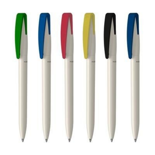 White bodied pen in a range of different clip colours
