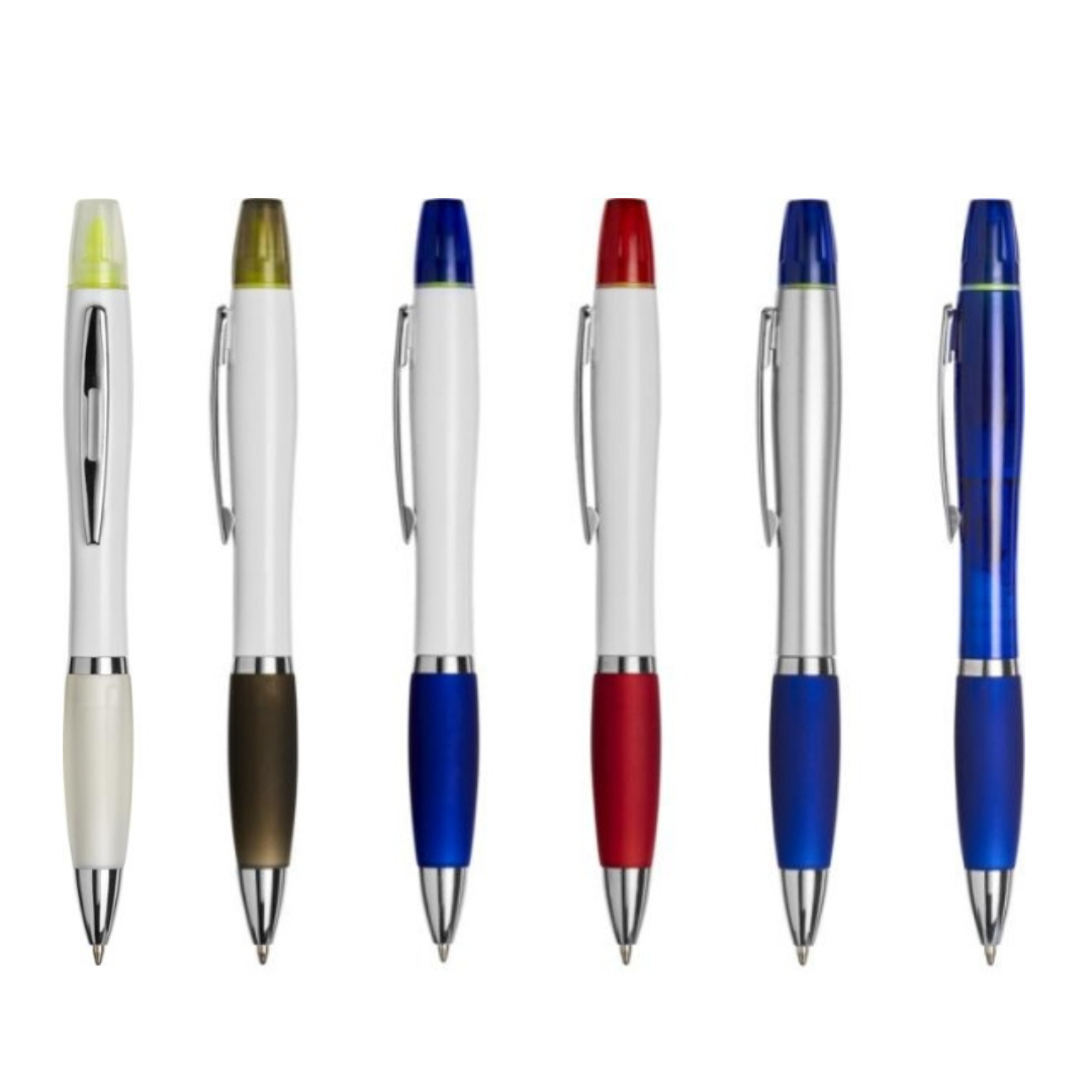 Twist action mechanism ballpoint pens with highlighter and soft touch grip in a variety of colours.