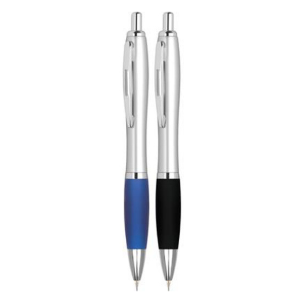 Silver body mechanical pencil with either black or blue grip