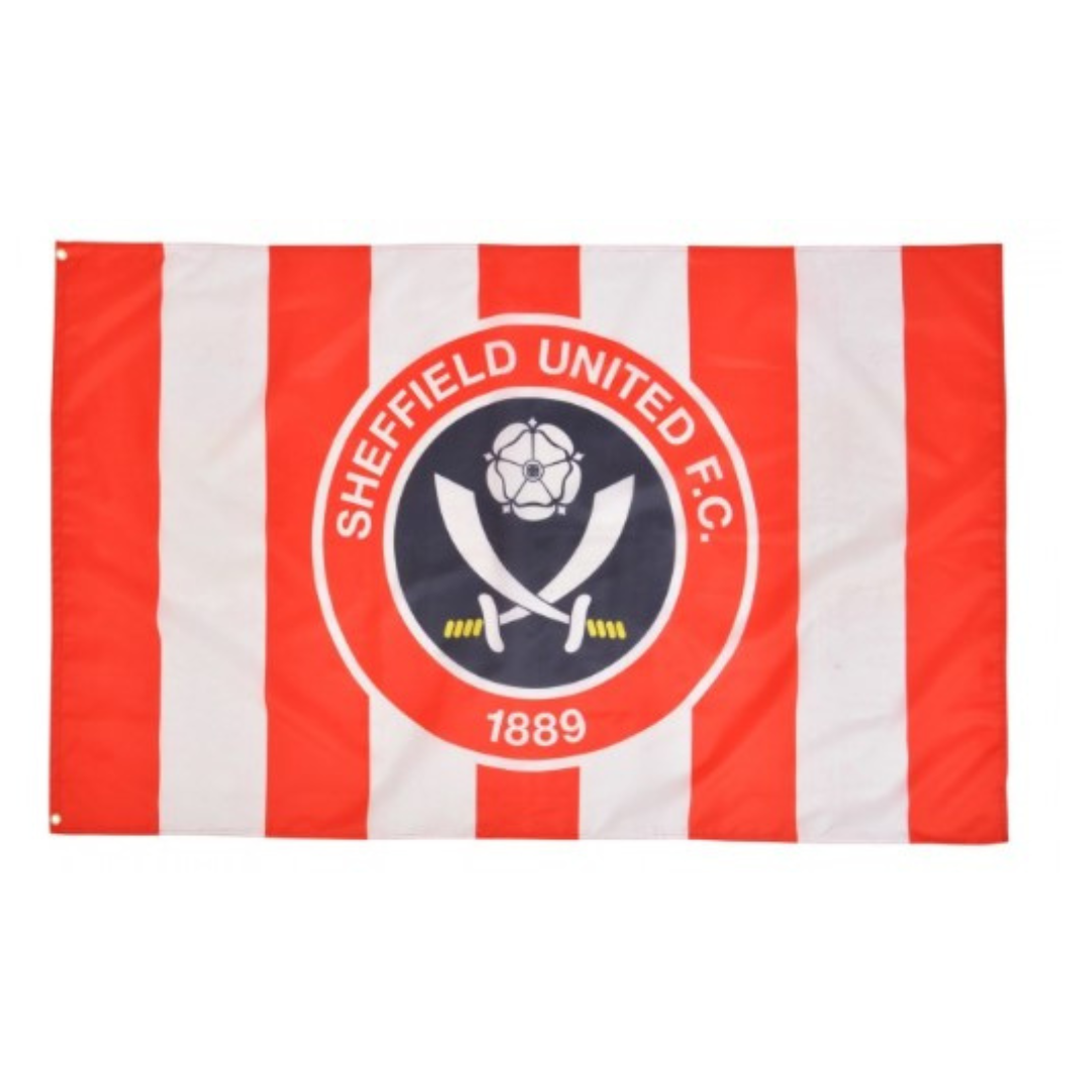 red and white stripe large flag with sheffield united logo