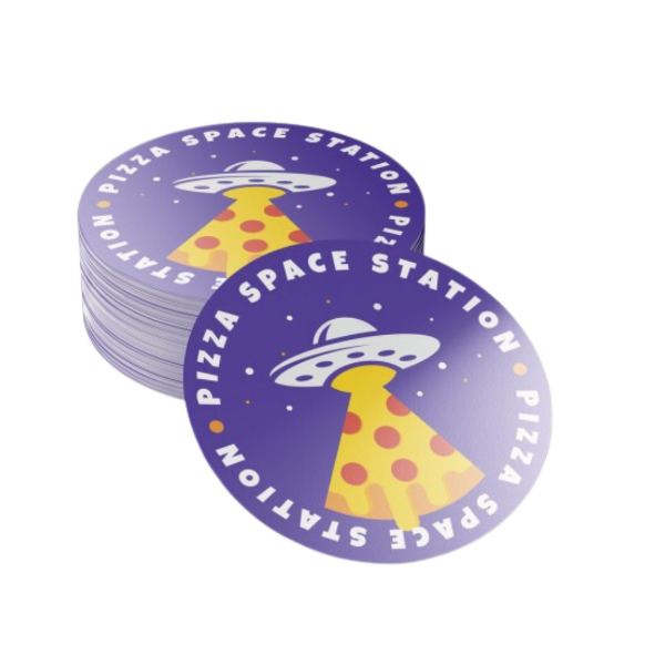 round vinyl sticker in purple with pizza design
