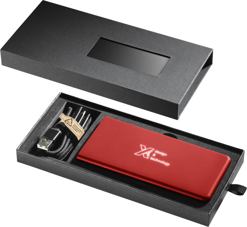 Red light up power bank with logo in packaging