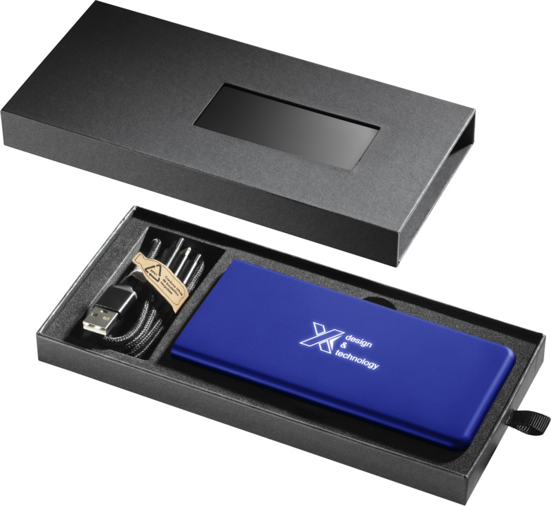 	Blue light up power bank with logo in packaging