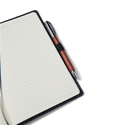 Black recycled felt notebook with pen in pen holder