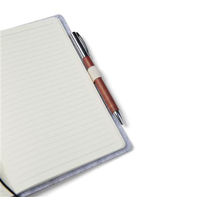Grey recycled felt notebook with pen in pen holder
