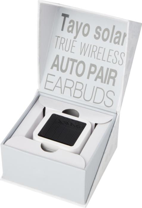 Tayo solar charging TWS earbuds in packaging showing solar panel