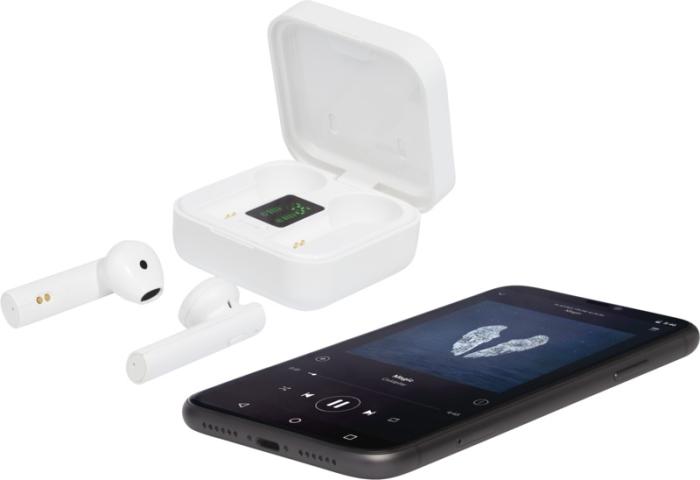 Tayo solar charging TWS earbuds in use