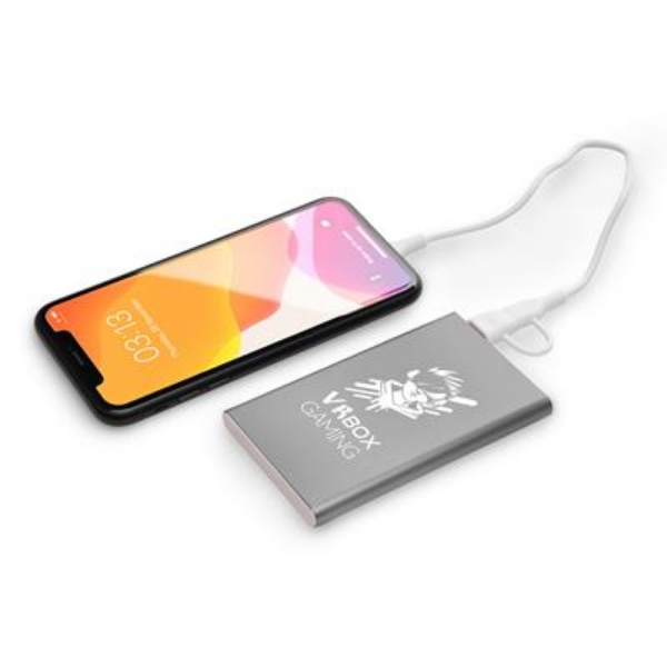 Silver flat power bank with print, charging iphone