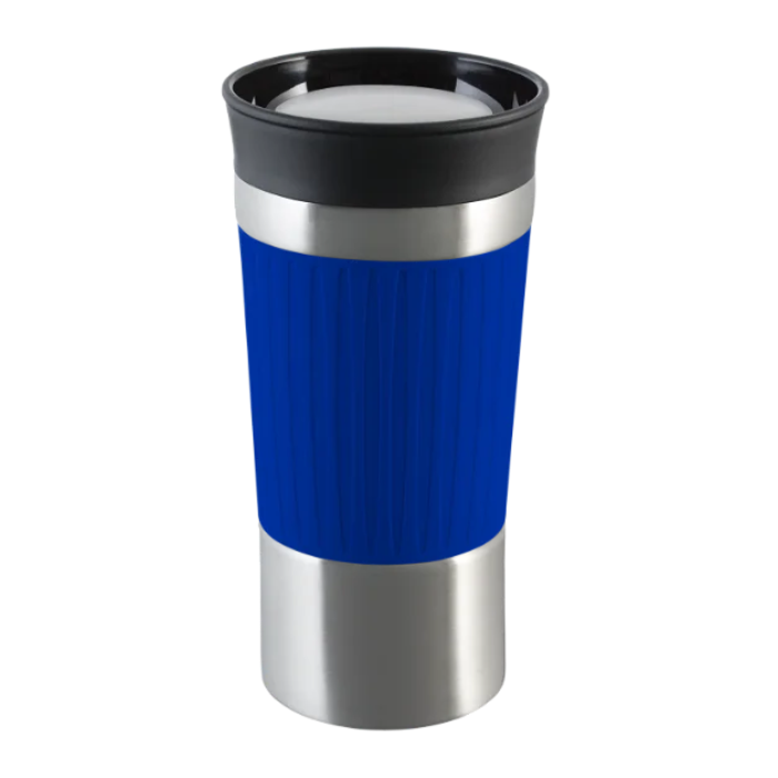 Silver myKINGSTON Thermo Mug with Blue silicone grip sleeve